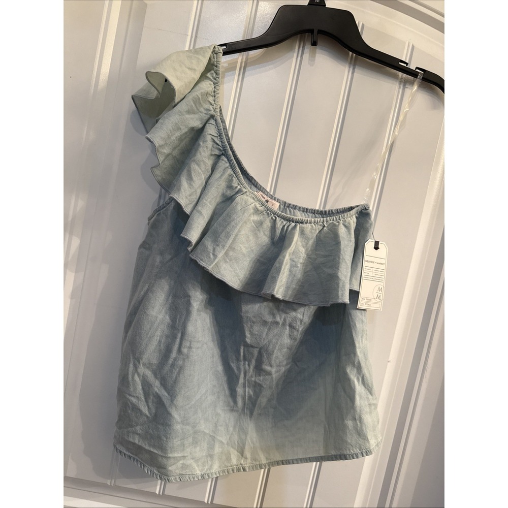Melrose and Market Light Blue Chambray Womens Size Small One-Shoulder Blouse NWT